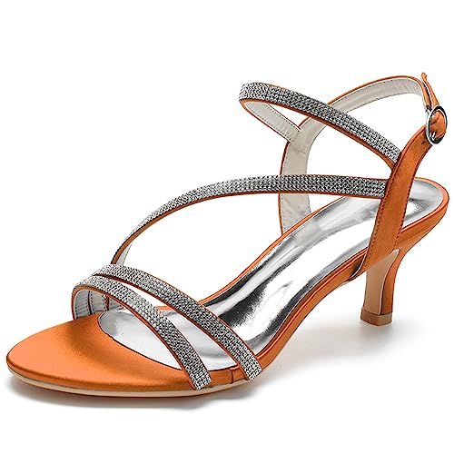 RJYAUEFR Frauen Offene Zehenpartie Slingback Hochzeits Sandalen Knöchelriemen Kätzchen Absatz Brautschuhe Strass Tanz Dating Pumps,Orange,36 EU von RJYAUEFR