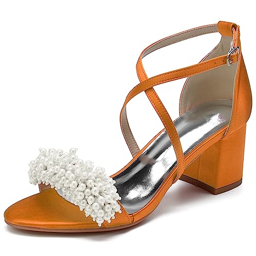 RJYAUEFR Sandalen Damen mit Absatz Offene Zehen Blockabsatz Perle Hochzeits Pumps mit Einstellbar Kreuzriemchen,Orange,36 EU von RJYAUEFR