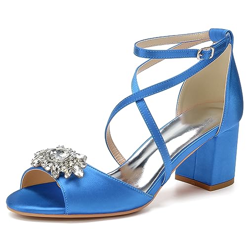 RJYAUEFR Sandalen Damen mit Absatz Offene Zehen Sommerschuhe Blockabsatz Kreuzriemchen Hochzeits Pumps,Blau,39 EU von RJYAUEFR