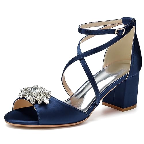 RJYAUEFR Sandalen Damen mit Absatz Offene Zehen Sommerschuhe Blockabsatz Kreuzriemchen Hochzeits Pumps,Dark blue,35 EU von RJYAUEFR