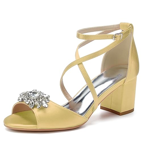 RJYAUEFR Sandalen Damen mit Absatz Offene Zehen Sommerschuhe Blockabsatz Kreuzriemchen Hochzeits Pumps,Gold,35 EU von RJYAUEFR