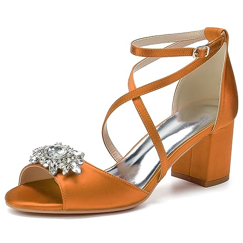 RJYAUEFR Sandalen Damen mit Absatz Offene Zehen Sommerschuhe Blockabsatz Kreuzriemchen Hochzeits Pumps,Orange,42 EU von RJYAUEFR