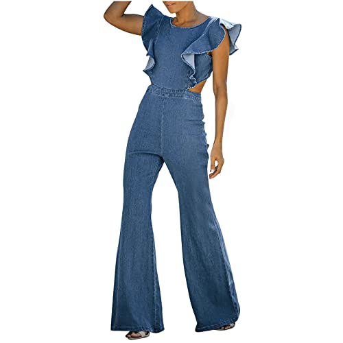 RKaixuni Damen Jeans-Overall mit Cutout-Design, elegant, gerüscht, ärmellos, schmales Oberteil, rückenfrei, weites Bein, Jeans-Strampler, blau, L von RKaixuni