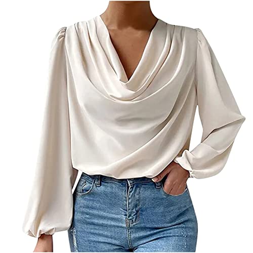 RKaixuni Damen Satin Seide Drapiert Wasserfallkragen Rüschen Langarm Crop Tops Elegant Casual Bluse Shirt Frühling Mode 2023, beige, M von RKaixuni