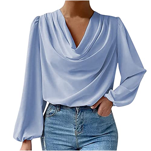 RKaixuni Damen Satin Seide Drapiert Wasserfallkragen Rüschen Langarm Crop Tops Elegant Casual Bluse Shirt Frühling Mode 2023, blau, M von RKaixuni