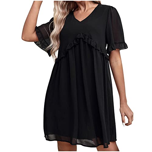 RKaixuni Sommer Damen Casual T-Shirt-Kleider, niedliches Babydoll-Chiffon, Rüschen, kurze Ärmel, lockere Passform, Minikleid, Schwarz , Medium RKaixuni Sommer Damen Casual T-Shirt-Kleider, niedliches Babydoll-Chiffon, Rüschen, kurze Ärmel, lockere Passform, Minikleid, Schwarz , Medium von RKaixuni