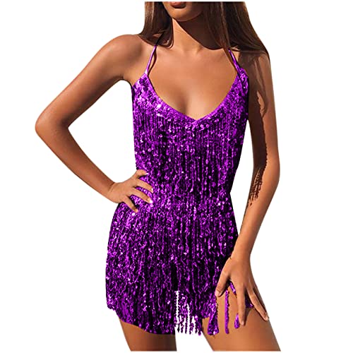 Zweiteilige Outfits Damen Fransen Pailletten Tank Crop Top Sexy Mini Quaste Rock Tanzkleid Nacht Ausgehen Clubwear, violett, One size von RKaixuni