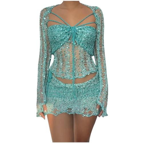 Zweiteiliges Outfit für Damen, Paillettenkleider, glitzernd, Abendparty, Strick, Strand, Vertuschung, Konzert-Outfit, Y2K Kleidung, A02#Himmelblau, Medium Zweiteiliges Outfit für Damen, Paillettenkleider, glitzernd, Abendparty, Strick, Strand, Vertuschung, Konzert-Outfit, Y2K Kleidung, A02#Himmelblau, Medium von RKaixuni