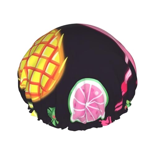 Duschhaube mit Ananas-Bananen-Flamingo-Druck, für Damen, doppellagig, wasserdicht, wiederverwendbar, Badekappen, elastischer Haarschutz, Damen, Spa, Salon, Baden, Duschhut von RLDOBOFE