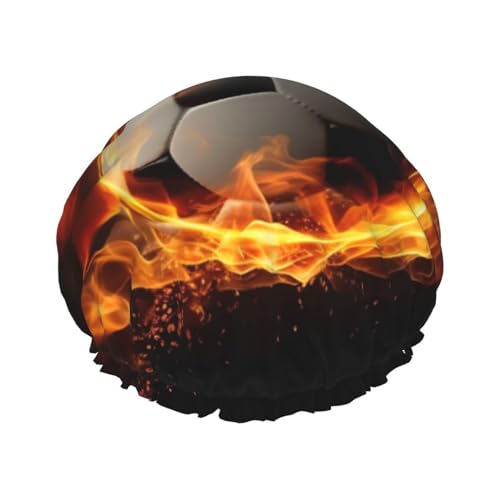 Duschhaube mit Fußball-Flamme, bedruckt, doppellagig, wasserdicht, wiederverwendbar, elastisch, Haarschutz, Damen, Spa, Salon, Duschhut von RLDOBOFE