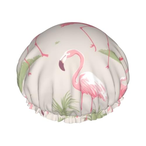 Duschhaube mit rosa Flamingos, bedruckt, doppellagig, wasserdicht, wiederverwendbar, elastisch, Haarschutz, Damen, Spa, Salon, Badehut, Duschhut von RLDOBOFE