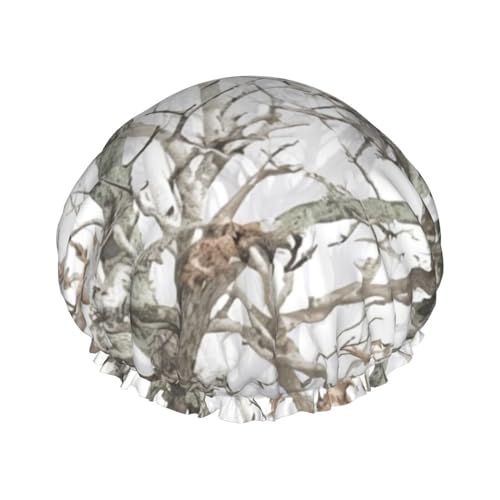 Duschhaube mit weißem Baum, Camouflage, bedruckt, doppellagig, wasserdicht, wiederverwendbar, Badekappen, elastischer Haarschutz, Damen, Spa, Salon, Baden, Duschhut von RLDOBOFE