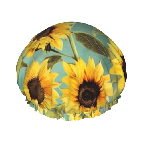 Frühlings-Sonnenblumen, Retro-Blumen, bedruckte Duschhaube für Frauen, doppellagig, wasserdicht, Badehut, wiederverwendbar, elastischer Haarschutz, Damen, Spa, Salon, Baden, Duschhut von RLDOBOFE