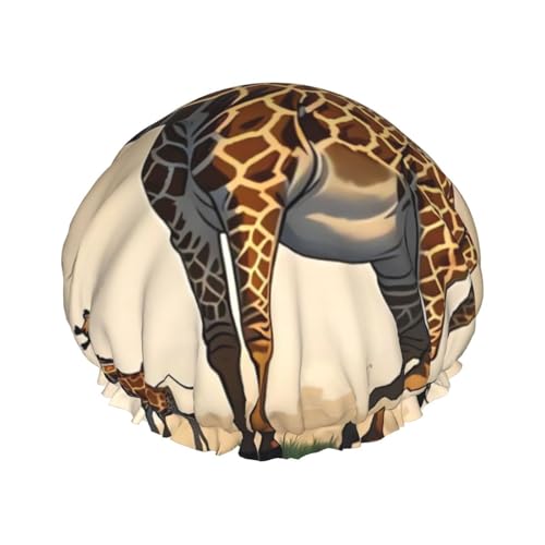 Giraffe bedruckte Duschhaube für Frauen, doppellagig, wasserdicht, Badehut, wiederverwendbar, elastischer Haarschutz, Damen, Spa, Salon, Baden, Duschhut von RLDOBOFE