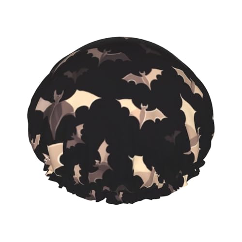 Halloween fliegende Fledermäuse bedruckte Duschhaube für Frauen, doppellagig, wasserdicht, Badehut, wiederverwendbare Badekappen, elastischer Haarschutz, Damen, Spa, Salon, Baden, Duschhut von RLDOBOFE