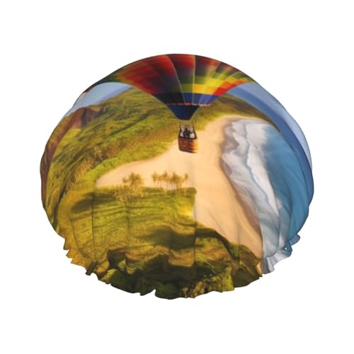 Hawaii Heißluftballon bedruckte Duschhaube für Frauen, doppellagig, wasserdicht, Badehaarnut, wiederverwendbare Badekappen, elastischer Haarschutz, Damen, Spa, Salon, Baden, Duschhut von RLDOBOFE