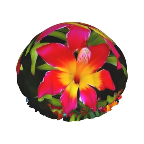 Hawaiianische Duschhaube mit buntem Blumendruck, doppellagig, wasserdicht, wiederverwendbar, elastisch, Haarschutz, Damen, Spa, Salon, Duschhut von RLDOBOFE