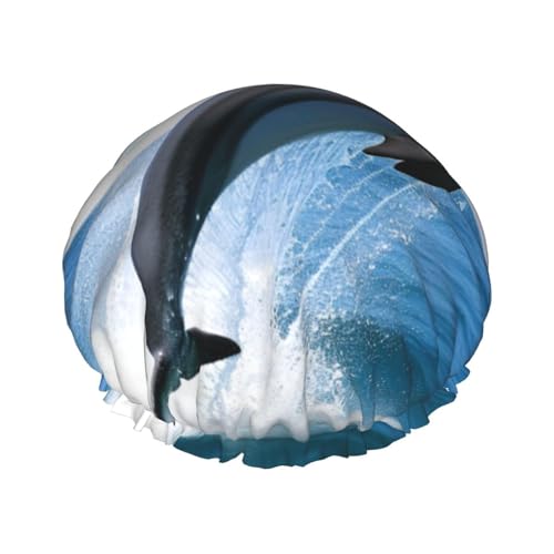 Jumping Up Delfine Printed Shower Cap For Women Double Layer Waterproof Bath Hair Hat Reusable Bath Caps Elastic Hair Protection Ladies Spa Salon Bathing Shower Hat von RLDOBOFE