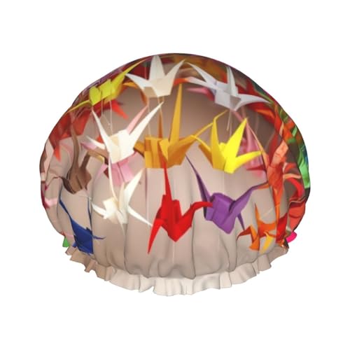 Origami-Papierkraniche, bedruckte Duschhaube für Frauen, doppellagig, wasserdicht, Badehut, wiederverwendbare Badekappen, elastischer Haarschutz, Damen, Spa, Salon, Baden, Duschhut von RLDOBOFE