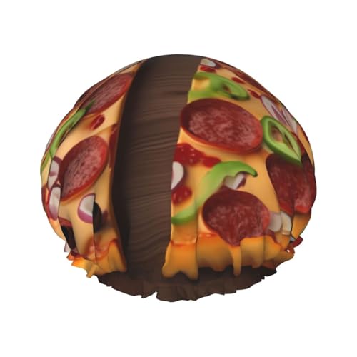 Pizza 3D bedruckte Duschhaube für Frauen, doppellagig, wasserdicht, Badehut, wiederverwendbare Badekappen, elastischer Haarschutz, Damen, Spa, Salon, Baden, Duschhut von RLDOBOFE