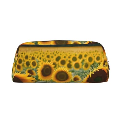 RLDOBOFE Federmäppchen mit Sonnenblumen, Sonnenuntergang, Sonnenlicht, Landschaftsdruck, wasserdicht, Reißverschluss, Federmäppchen, Leder, Stiftebox, Kosmetiktasche für Büro-Bleistifte, gold, von RLDOBOFE