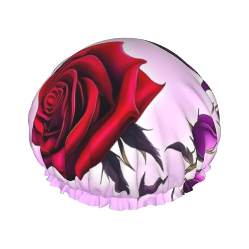 Rote und violette Rosen bedruckte Duschhaube für Frauen, doppellagig, wasserdicht, Badehut, wiederverwendbar, elastischer Haarschutz, Damen, Spa, Salon, Baden, Duschhut von RLDOBOFE