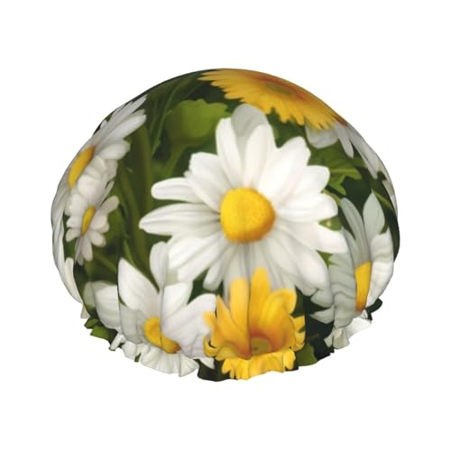 Sommer-Duschhaube mit Gänseblümchen, Blumendruck, doppellagig, wasserdicht, Badehut, wiederverwendbar, elastischer Haarschutz, Damen, Spa, Salon, Baden, Duschhut von RLDOBOFE