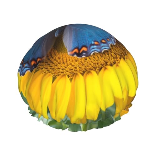 Sonnenblumen-blaue Schmetterlings-bedruckte Duschhaube für Frauen, doppellagig, wasserdicht, Badehut, wiederverwendbar, elastischer Haarschutz, Damen, Spa, Salon, Baden, Duschhut von RLDOBOFE