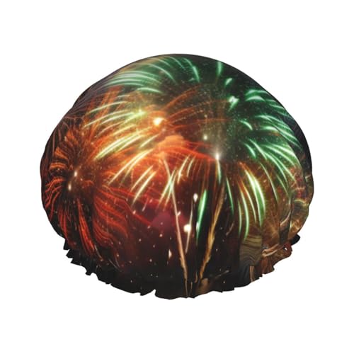 Splendid Feuerwerk bedruckte Duschhaube für Frauen, doppellagig, wasserdicht, Badehut, wiederverwendbar, elastischer Haarschutz, Damen, Spa, Salon, Baden, Duschhut von RLDOBOFE