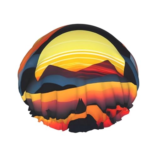 Sunrise Mountain bedruckte Duschhaube für Frauen, doppellagig, wasserdicht, Badehut, wiederverwendbare Badekappen, elastischer Haarschutz, Damen, Spa, Salon, Baden, Duschhut von RLDOBOFE