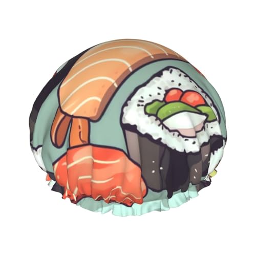 Sushi bedruckte Duschhaube für Frauen, doppellagig, wasserdicht, Badehut, wiederverwendbar, elastischer Haarschutz, Damen, Spa, Salon, Baden, Duschhut von RLDOBOFE