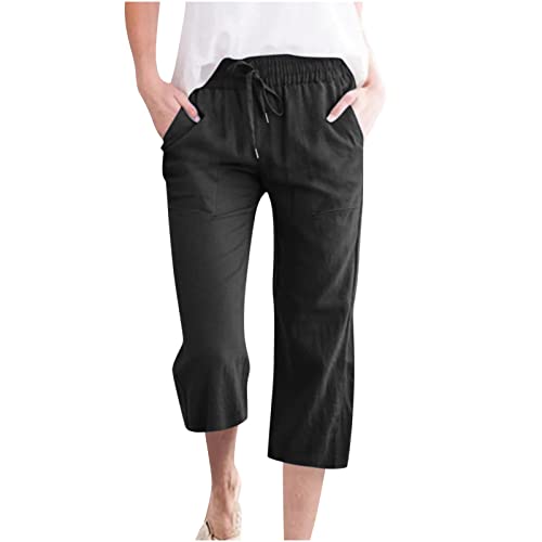 3/4 Hose Damen Baumwolle Leinen High Waist Einfarbig Sommer Casual Lässige Stoffhose Atmungsaktive Caprihose Jogginghose Baumwolle Sommerhose Yoga Fitness Activewear mit Tasche für Sport und Freizeit von RLEHJN