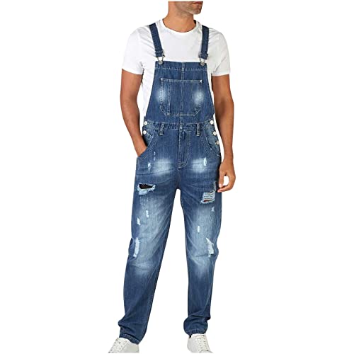 Herren Jeans Latzhose Overall, Arbeitshosen Lange Jeanshose Retro Denim Arbeitslatzhose Jumpsuit Destroyed Ripped Multifunktion Hose Arbeitskleidung von RLEHJN