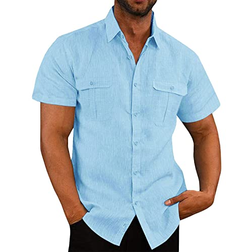 Leinen Shirt Herren Kurzarm Baumwolle Leinenhemd Freizeit Sommer T Shirt Hawaii Strand Beach Hemden Einfarbig T-Shirts Casual Tshirt Sommerhemd Freizeithemden Bügelfrei Button Down Regular Fit von RLEHJN