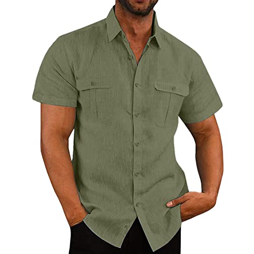 Leinen Shirt Herren Kurzarm Baumwolle Leinenhemd Freizeit Sommer T Shirt Hawaii Strand Beach Hemden Einfarbig T-Shirts Casual Tshirt Sommerhemd Freizeithemden Bügelfrei Button Down Regular Fit von RLEHJN