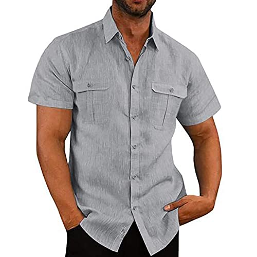 Leinen Shirt Herren Kurzarm Baumwolle Leinenhemd Freizeit Sommer T Shirt Hawaii Strand Beach Hemden Einfarbig T-Shirts Casual Tshirt Sommerhemd Freizeithemden Bügelfrei Button Down Regular Fit von RLEHJN