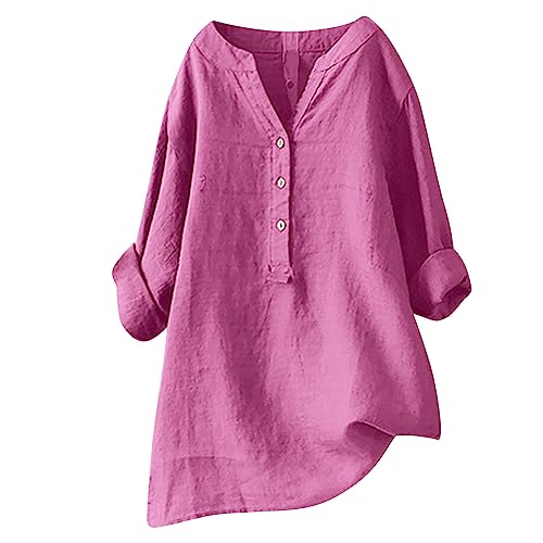 Leinenbluse Damen Sommer Baumwolle Leinen Langarmshirt Tunika Tops Oberteile Tshirt Langarm V-Ausschnitt Locker T Shirt Damen Blusenshirt Oversize Pullover Longbluse Botton Down T-Shirts für Damen von RLEHJN