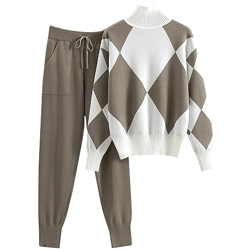 80er Trainingsanzug Damen Outfit Party Trainingsanzug Sweatshirt und Jogginghose Lässiger 2-teiliges Set Solide Sportanzug Damen Anzug Elegant Business Strick Pullover Hohe Taille Hosen Outfits von RLEHJN