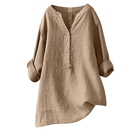 RLEHJN Leinenbluse Damen Sommer Baumwolle Leinen Langarmshirt Tunika Tops Oberteile T-Shirt Langarm V-Ausschnitt Locker Blusenshirt Große Größen Pullover Longbluse Botton Down Shirt von RLEHJN