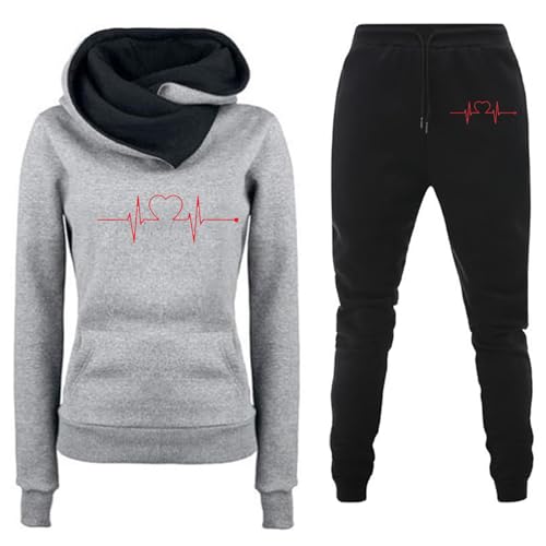 RLEHJN Trainingsanzug Damen Herren Jogginganzug Set Heartbeat Print Outfit Sport und Freizeit Kapuzenpullover Bequeme Slim mit Taschen Hosenanzug Outdoor Sport Sweatshirt Hosenanzug 2 Teiliges von RLEHJN