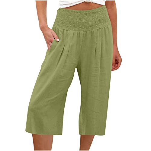 Sporthose Damen Kurz Baumwolle Shorts Damen Leinenhose Leicht 3/4 Knielang Chino Hose Damen Elastischer Bund Leinen Freizeithosen Damen Sommer Kleidung Laufhose MäDchen Jogginghose Gerades Bein von RLEHJN