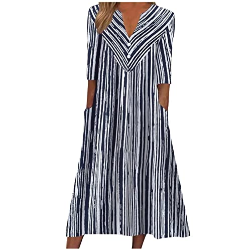 Boho Kleid Damen Sexy Kleider Vintage Clothes Gestreifter Druck V-Ausschnitt Bohokleid A Line Strandkleid Mit Taschen 3/4 Ärmel Sommerkleid Knopfleiste Freizeitkleid Basic Maxikleid Tüllrock von RMBLYfeiye