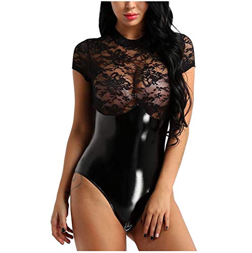 RMBLYfeiye Damen Einteilige Dessous Sexy Offener Schritt Lack Leder FüR Sex Erotische UnterwäSche Set Babydoll Latex Sissy Obsessive Body Provocative Nachtwäsche Pyjama mit Schritt-Reißverschluss von RMBLYfeiye