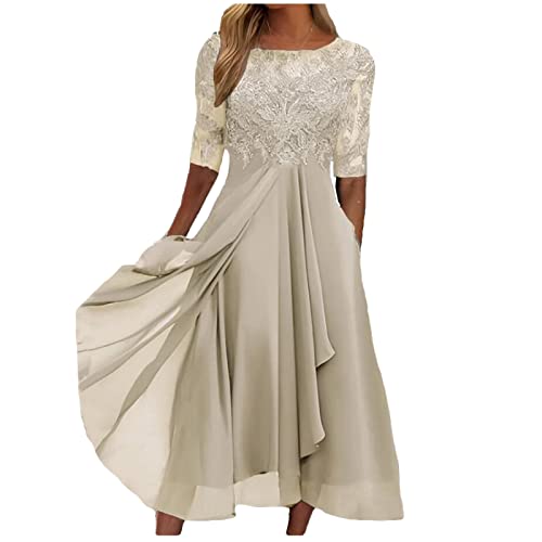 Etuikleid Damen Chiffonkleid Damen Sommerkleider V-Ausschnitt Blumen Stickerei Brautjungferkleid Langarm A Linien Swing Kleid Enge Kleider (Beige, 3XL) von RMBLYfeiye