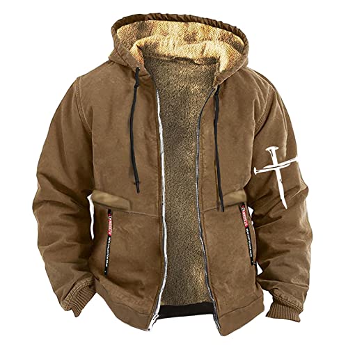 Fahrrad Regenjacke Herren Herren Parka Winter Übergangsjacke Herren Herbst Fleece Futter Decken Kapuzenjacke Mit Reißverschluss Sweatjacke Mit Kapuze Thermo Fleecejacke Winterjacke Herren (Braun, M) von RMBLYfeiye