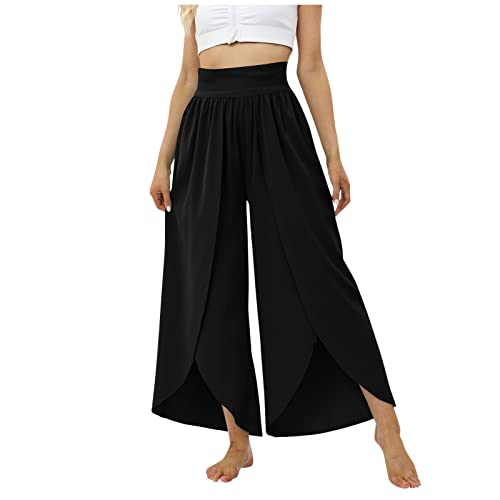 Hose Mit Seitentaschen Damen Palazzo Hose Damen Elegant Fahrradhose Damen Lang Paperbag Waist Einfarbiges Unregelmäßiger Saum Haremshose Elastische Taille Bauchweg Hose Regenhose Damen (Schwarz, Xxl) von RMBLYfeiye