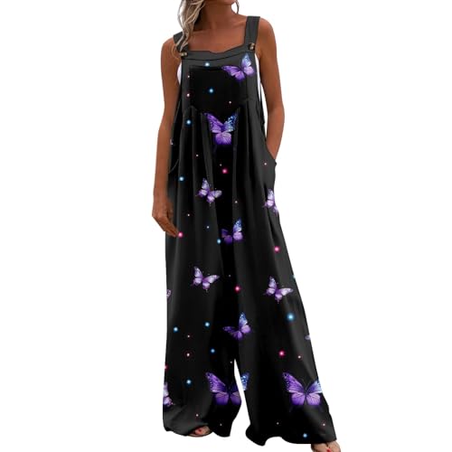 Jumpsuit Damen Sommer Onesie Damen Kuschelig Latzhose Grün Damen Quadratischer Hals Schmetterlingsdruck Jumpsuit Mit Taschen Ärmelloser Overall Spaghetti Onesie Grüne Latzhose (Dark Purple, Xxl) von RMBLYfeiye