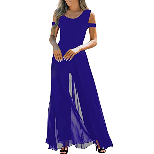 Playsuit Damen Sommer Jumpsuit Kurz Damen Jumpsuit Damen Baumwolle Rundhals Schulterfrei Jumpsuit Elegant Für Hochzeit Hohe Taille Mesh Cover Jumpsuit Mit Geradem Bein Jeans Latzhose (Blau S) von RMBLYfeiye