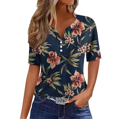 RMBLYfeiye Bluse Damen Sommer Damen Bluse Sommer Tunika Kleid Damen Sommer V-Ausschnitt Blumen Bedruckt Blusenshirt Mit Knopfleiste Henley Shirt Locker Laufshirt Hemdbluse T Shirt Papa (Marine, XXL) von RMBLYfeiye