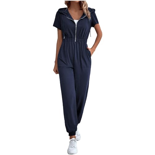 RMBLYfeiye Damen Jumpsuit Sommer Jumpsuit Kurz Damen Jumpsuit Damen Kurz Eng V-Ausschnitt Einfarbiges Jumpsuit Lang Kurzarm Sommer Overall Mit Reißverschluss Latzhose Jeans (Marine, M) von RMBLYfeiye